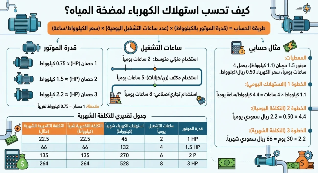 كيف تحسب استهلاك الكهرباء لمضخة المياه؟ دليل حساب استهلاك موتور المياه والتكلفة بالأمثلة