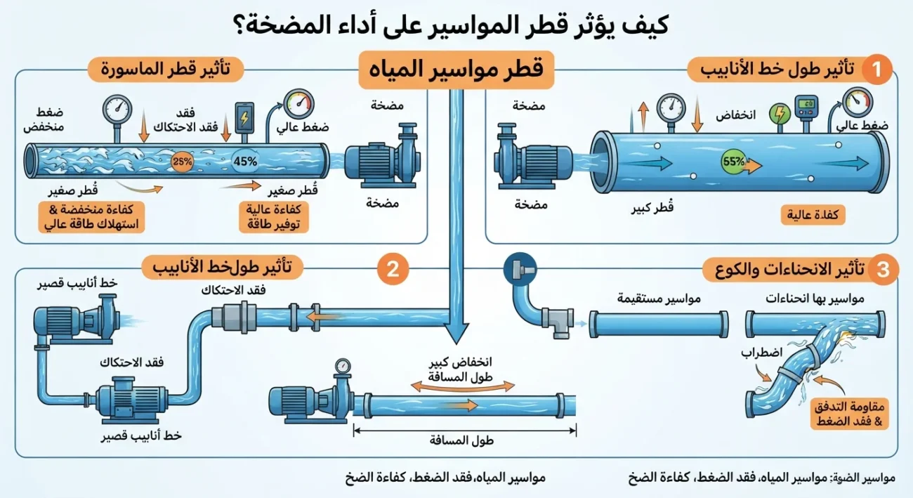 كيف يؤثر قطر المواسير على أداء المضخة؟