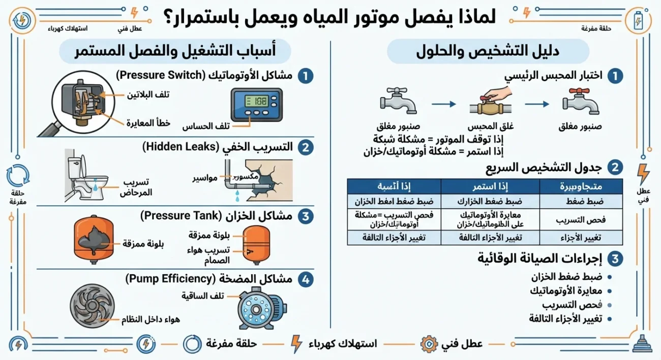 لماذا يفصل موتور المياه ويعمل باستمرار؟ الأسباب والحلول النهائية
