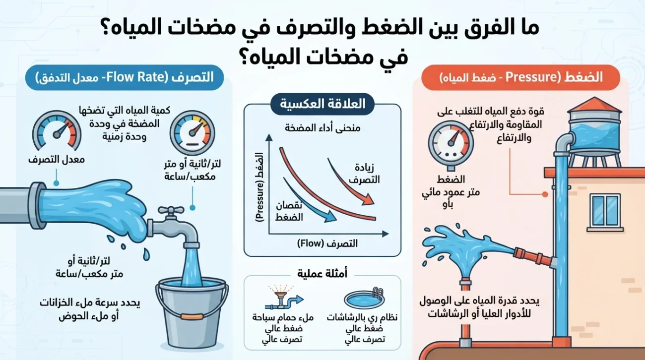 ما الفرق بين الضغط والتصرف في مضخات المياه؟