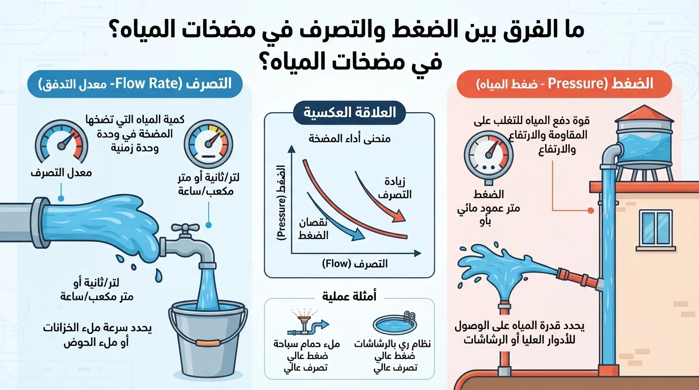 ما الفرق بين الضغط والتصرف في مضخات المياه؟